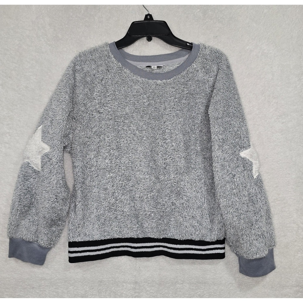 Roudelain Women Sz L Gray Star Patch Elbows Fuzzy Sweater Pajama Long Sleeve Top